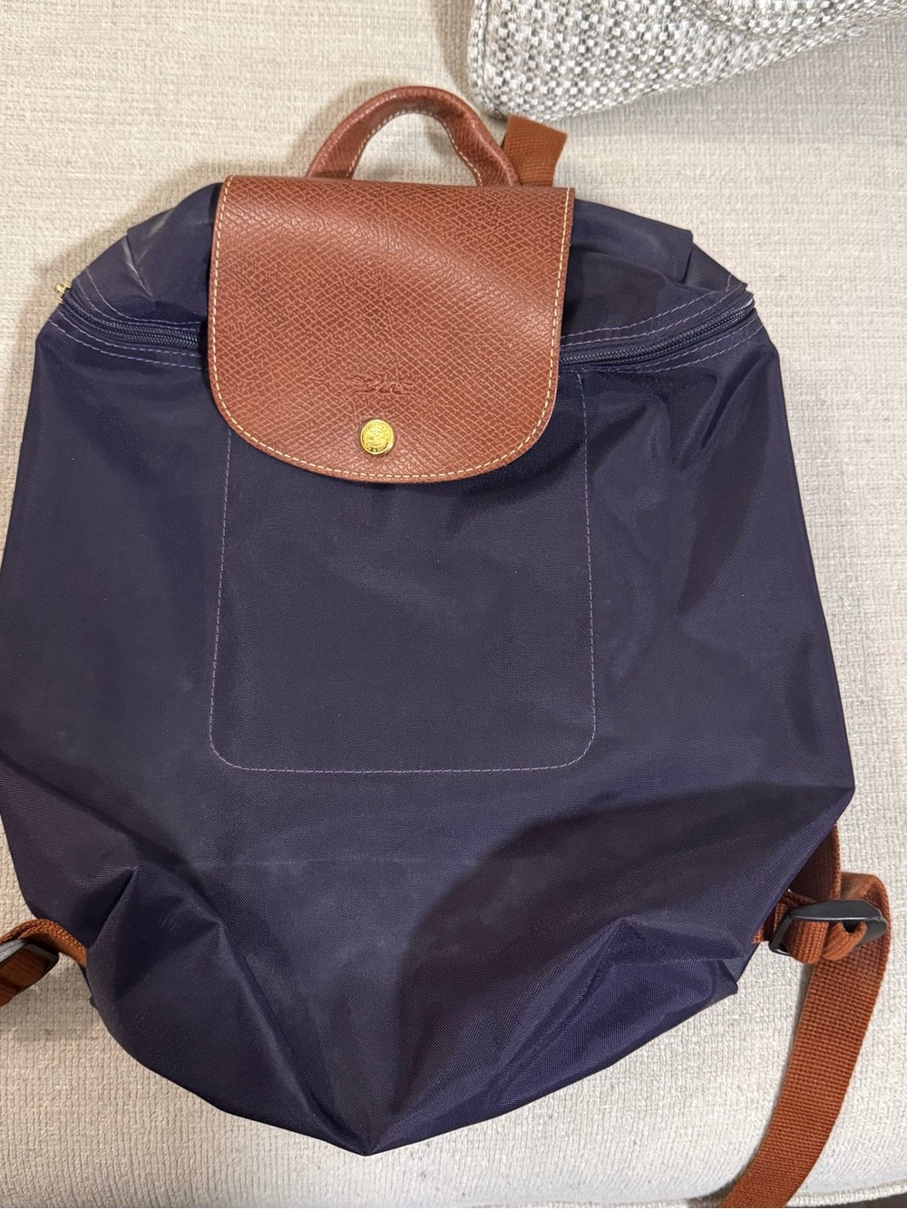 Longchamp Purple with Brown Leather-Trim Backpack